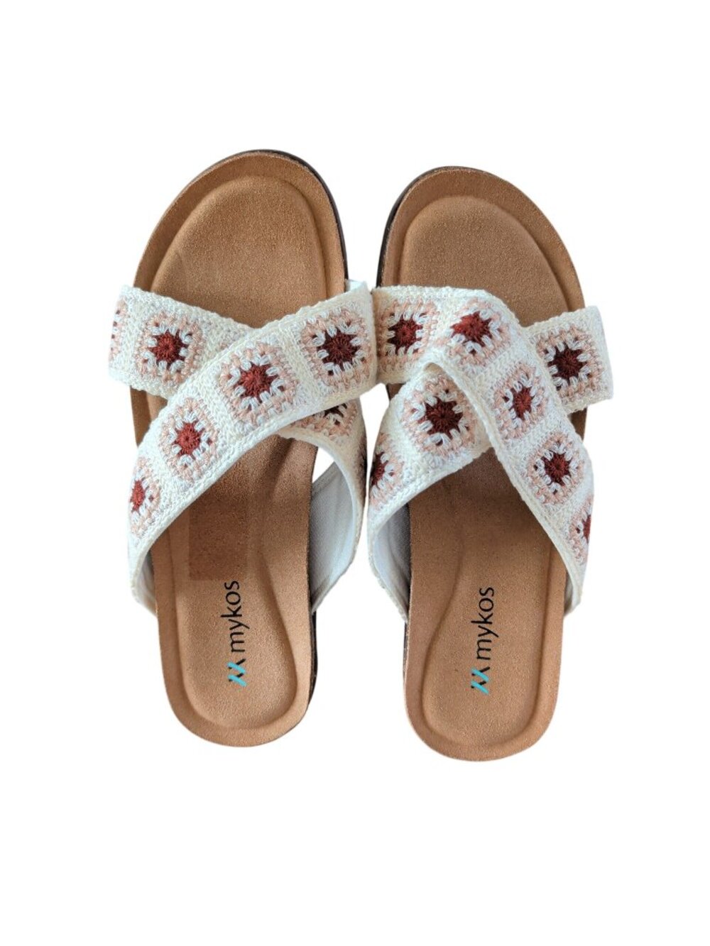 Mykos Leyla Sandals Womens 8 Crochet Boho Cross Strap Slides Comfort Brown